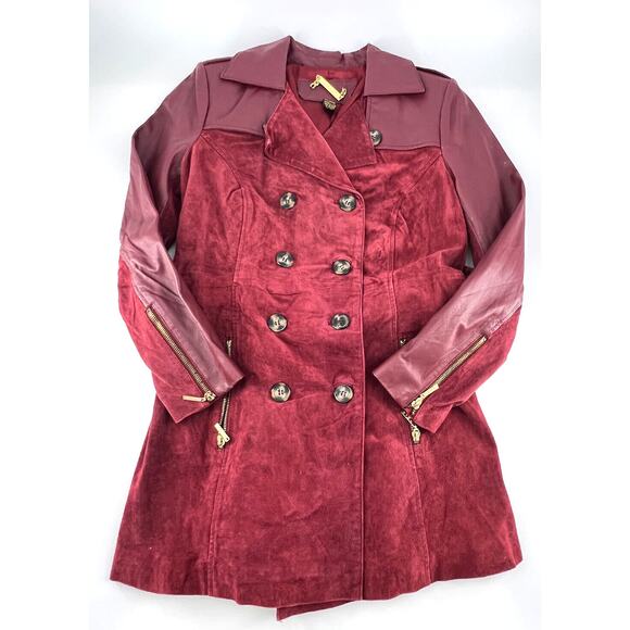Vintage Iman Trench Coat Womens Small Red Burgundy Leather Suede Jacket 90s - Picture 1 of 12